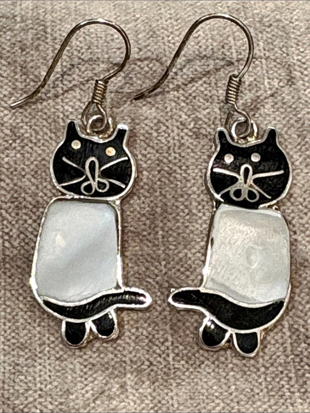 Black & Silver Whimsical Cloisonné Style Tuxedo Cat Earrings